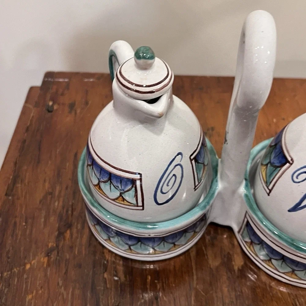 Colorful Pair Oil Vinegar Cruet Set w/ Caddy Hand Painted Made‎ in Italy